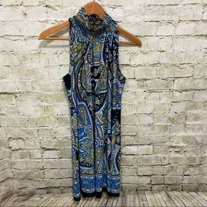 NEW Signature Robbie Bee Blue Green Paisley Smocked High Neck Shift Dress
